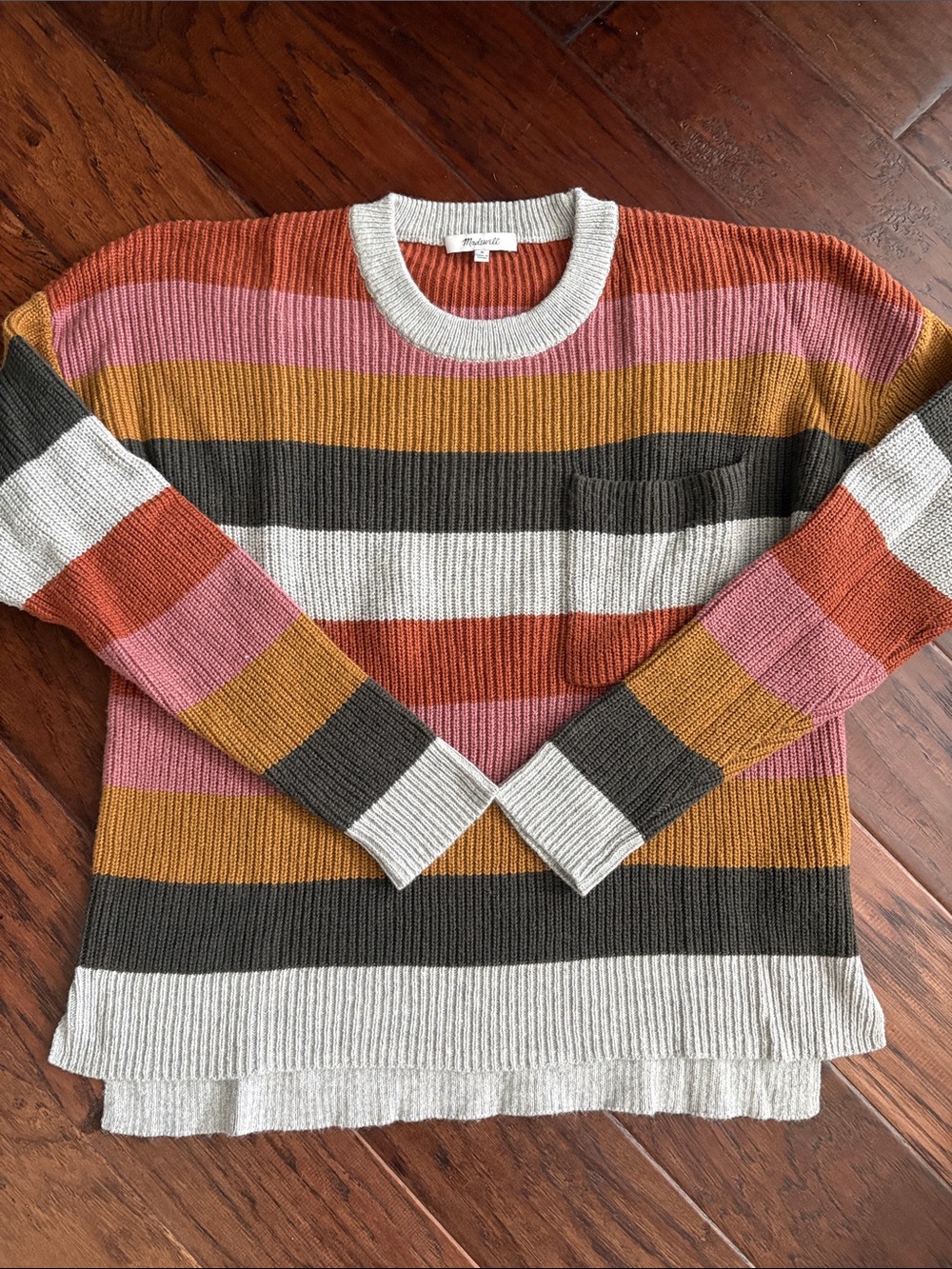 Madewell Striped Ribbed Crewneck Sweater in Rust, Pink, Mustard, Gray & Cream